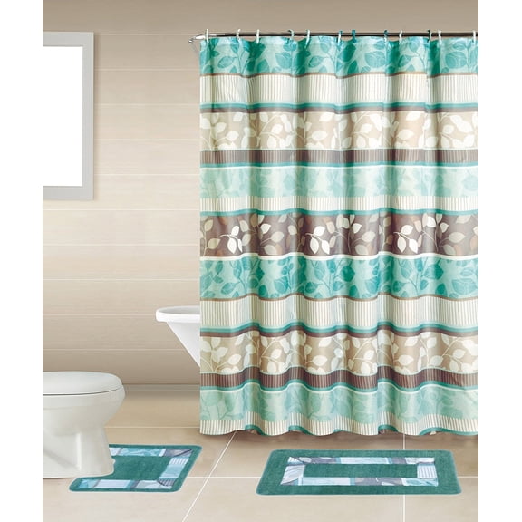 Zen Non-Slip Bath Mats and Fabric Shower Curtain Set, 17 x 28 Anti-Slip Backing, 15 Count
