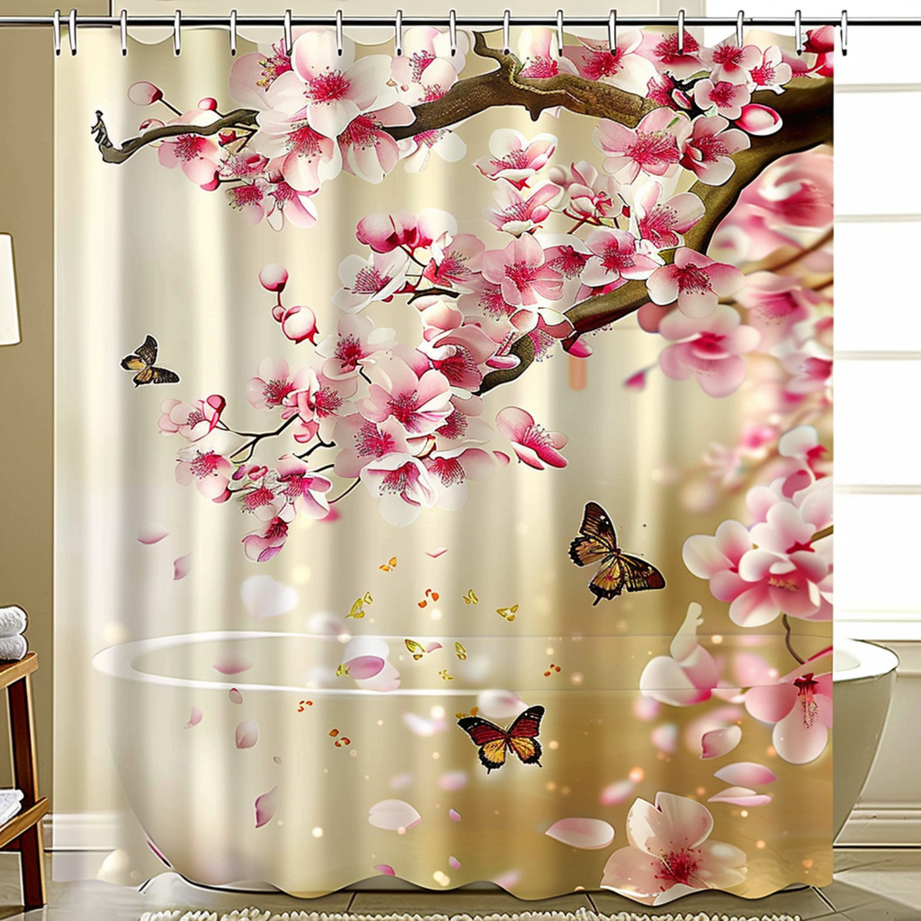 Zen Oasis Japanese Cherry Blossom Pink Floral Shower Curtain with