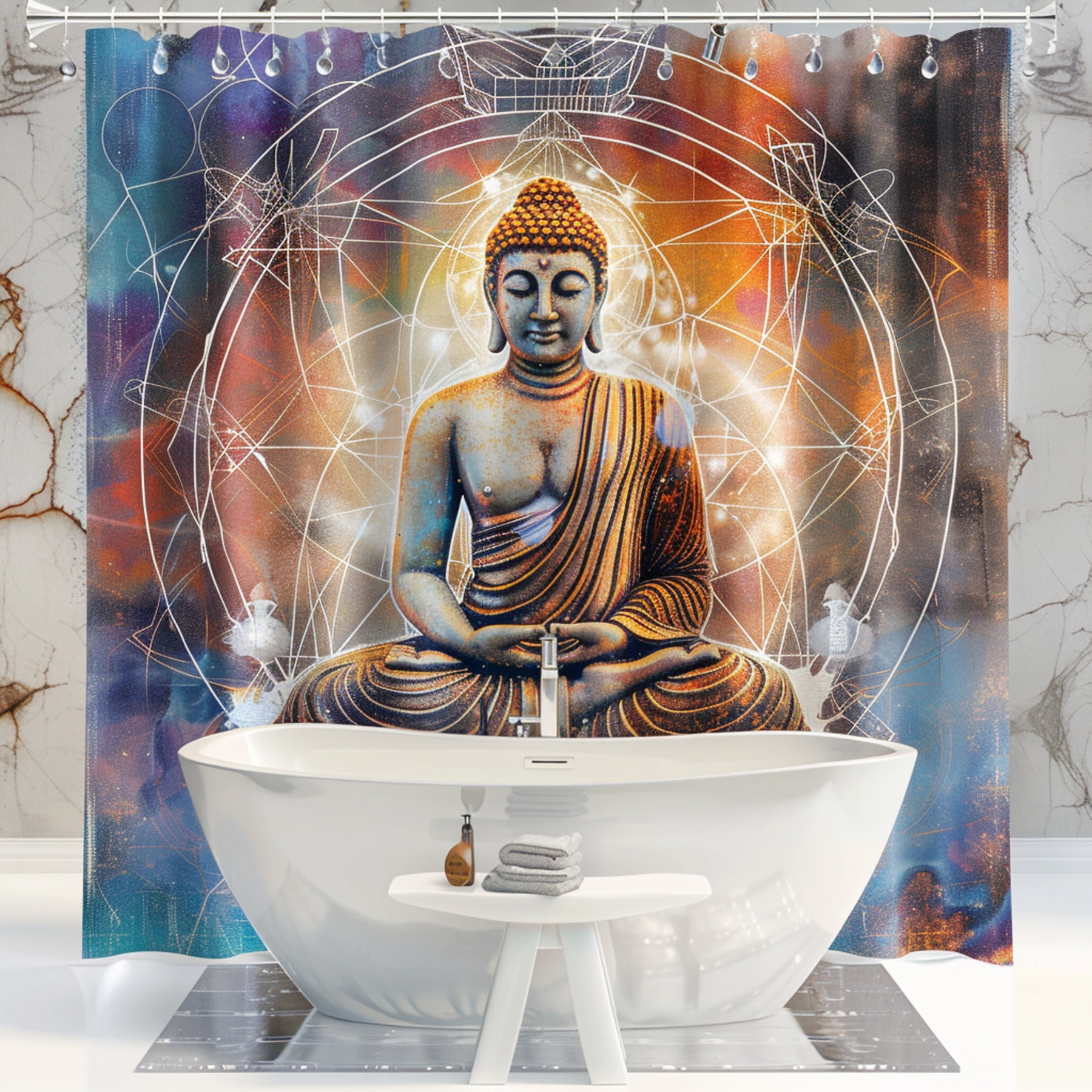 Zen Oasis Sacred Geometry Buddha Shower Curtain Meditating Pose Galaxy