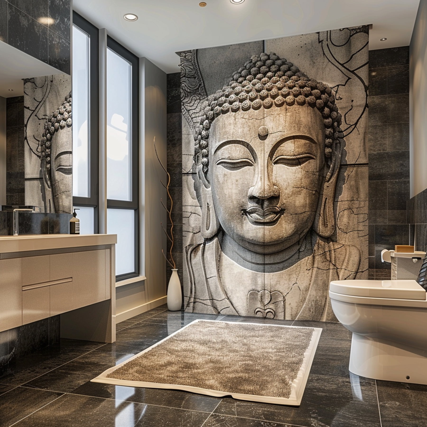 Zen Oasis Shower Curtain Buddha Face with Marble Floor Tiles