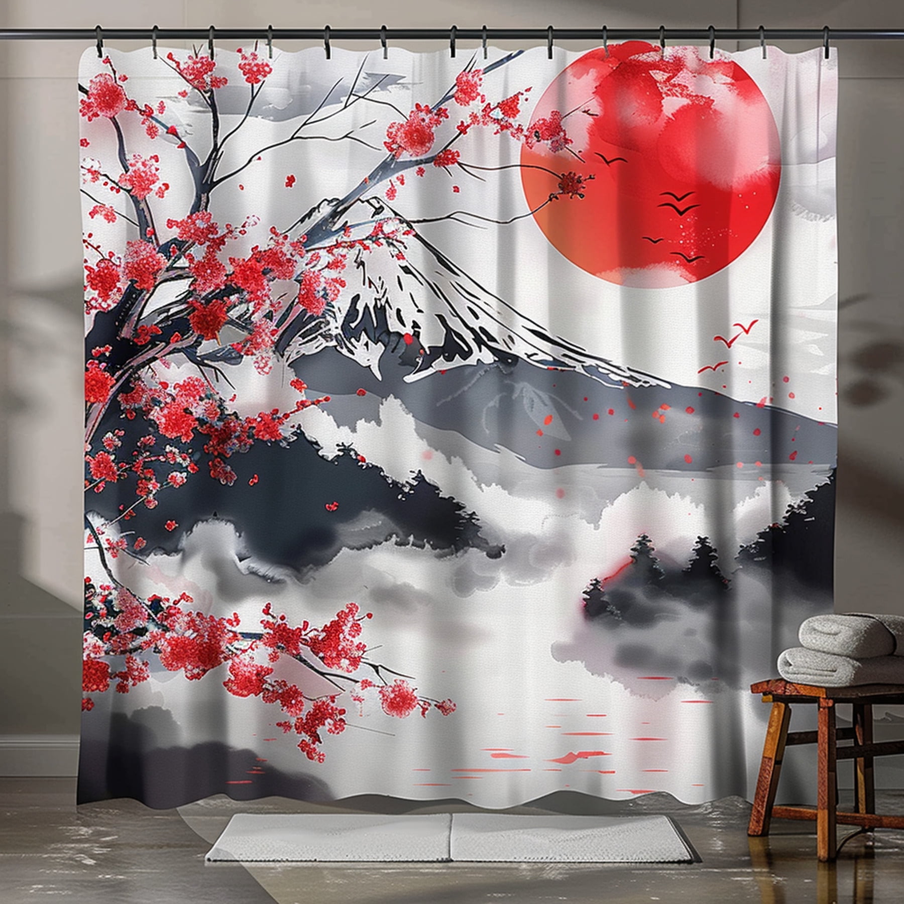 Zen Oasis Shower Curtain Cherry Blossom Trees Red Sun and Mount Fuji