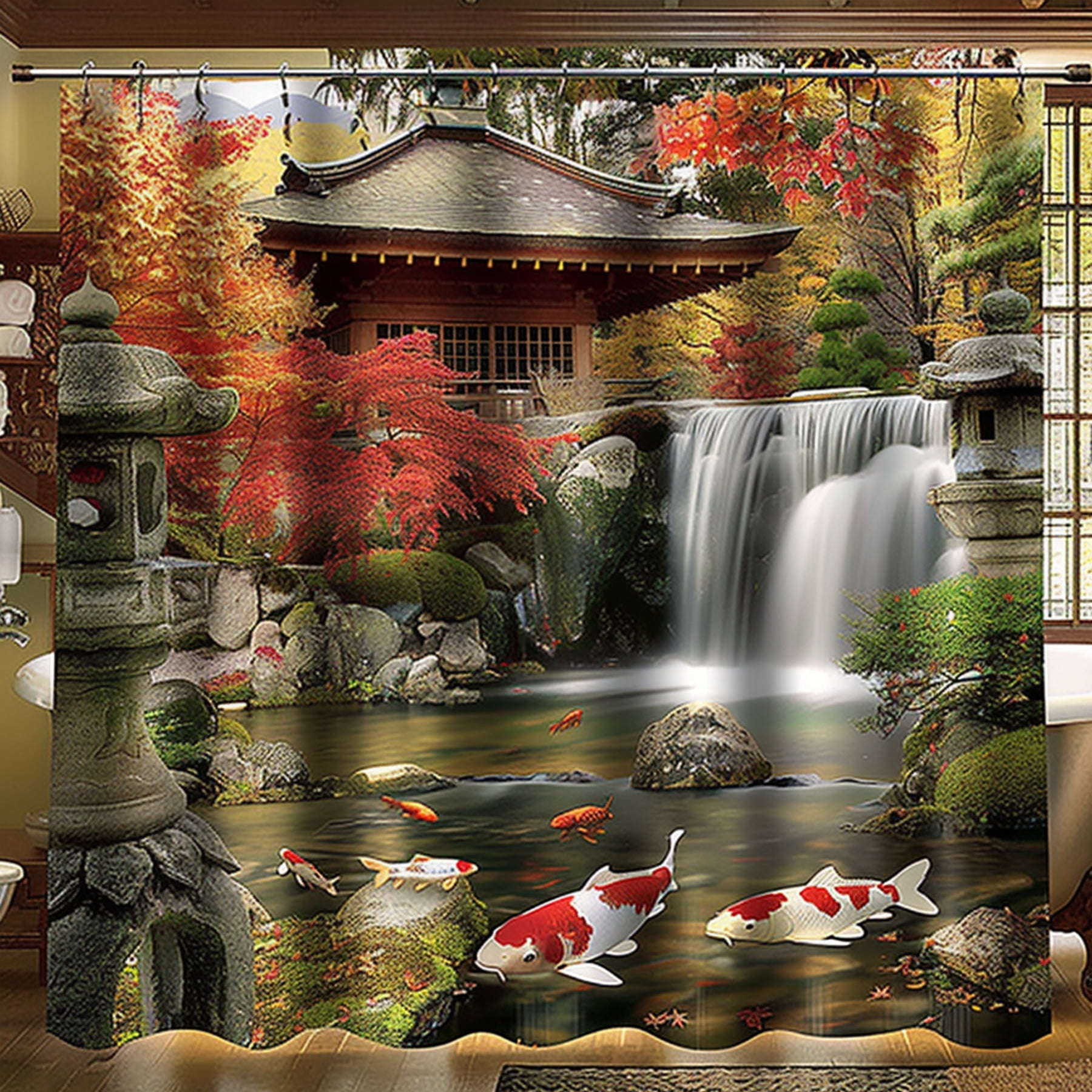 Zen Oasis Shower Curtain Japanese Garden with Fish Waterfall Stone Lanterns and Traditional