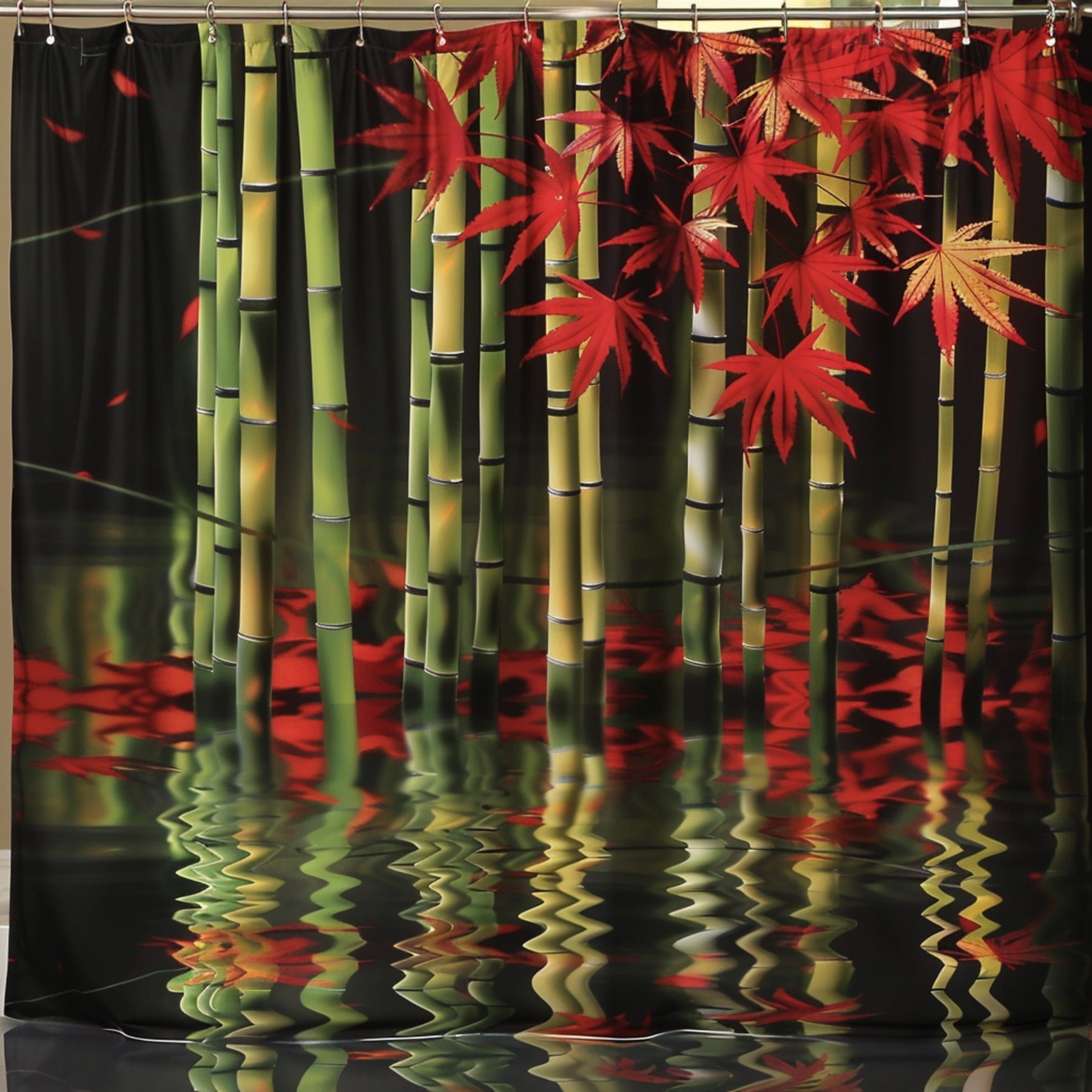 Zen Oasis Shower Curtain Japanese Maple & Bamboo Design with Lotus