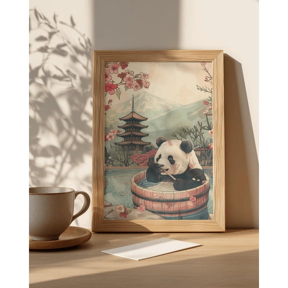 Zen Panda Hot Spring Wall Art | Japanese-Inspired Spa Print | Mount Fuji Temple Poster | Tranquil Cherry Blossom Artwork, Unframed Canvas Size 8x12