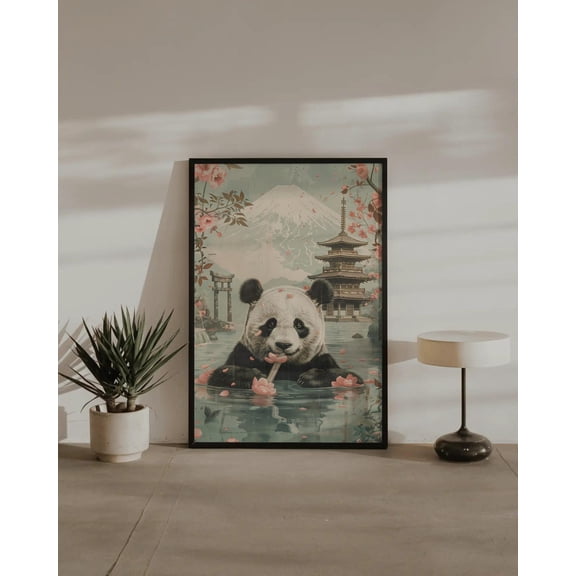 Zen Panda In Japanese-Inspired Hot Spring | Cherry Blossom Wall Art | Tranquil Panda Print | Mount Fuji Temple Decor, Unframed Canvas Size 8x12