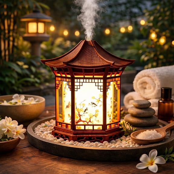 Zen Pavilion Lantern Aroma Diffuser & Night Light, 160 ml Essential Oil Diffuser with 2 Mist Modes, Japanese Style Pagoda Design, Warm/White Light, Quiet for Bedroom, Yoga & Spa