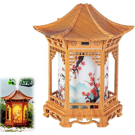 Zen Pavilion Lantern Aroma Diffuser & Night Light - 2-in-1 160ml Essential Oil Diffuser with 2 Mist Modes - Japanese Style Zen Garden Humidifier for Yoga, Meditation, Spa & Sleep (Light Wood Color)