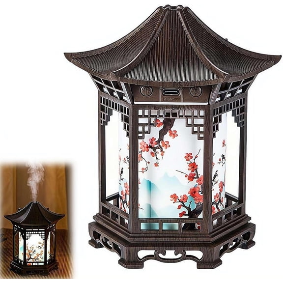 Zen Pavilion Lantern Aroma Diffuser & Night Light - 2-in-1 160ml Essential Oil Diffuser with 2 Mist Modes - Japanese Style Zen Garden Humidifier for Yoga, Meditation, Spa & Sleep (Dark Wood Color)