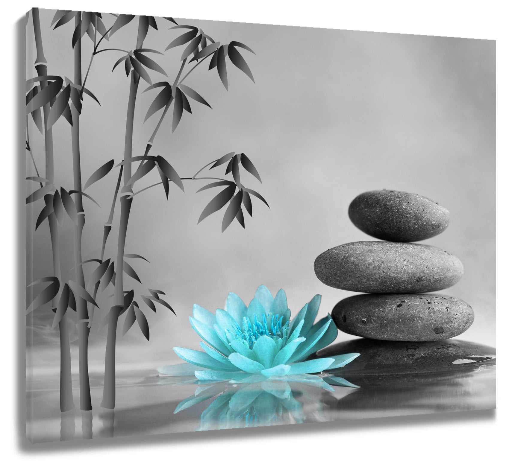 Zen Peacock Blue Floral Canvas Wall Art Water Lily and Zen Stone Bamboo ...