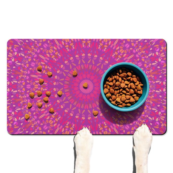 Zen Pet Food Mat - Minimalist Mandala Dog Bowl Mat, Non-Slip Absorbent Foam Core, Vintage Geometric Patterns for Anxiety Relief