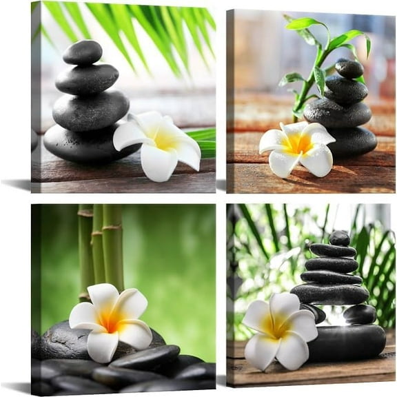 Zen Pictures Meditation Canvas Wall Art Spa Stone Green Room Decor White Frangipani Flower Poster Painting Zen Artwork for Bathroom Wall Décor Living Room Kitchen Decorations Framed Art