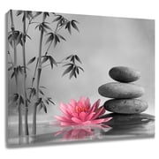 HVEST Zen Pink Floral Canvas Wall Art Water Lily and Zen Stone Bamboo Gray Wall Art Modern Yoga Spa Wall Decor Framed for Bathroom Bedroom Office Painting,16 X 12 inches