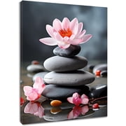 Zen Pink Floral Canvas Wall Art Water Lily and Zen Stone Wall Art Modern Spiritual Yoga Spa Picture Wall Decor Framed Wall Art for Bathroom Bedroom Office Wall Decor Painting,16L X 12W inches