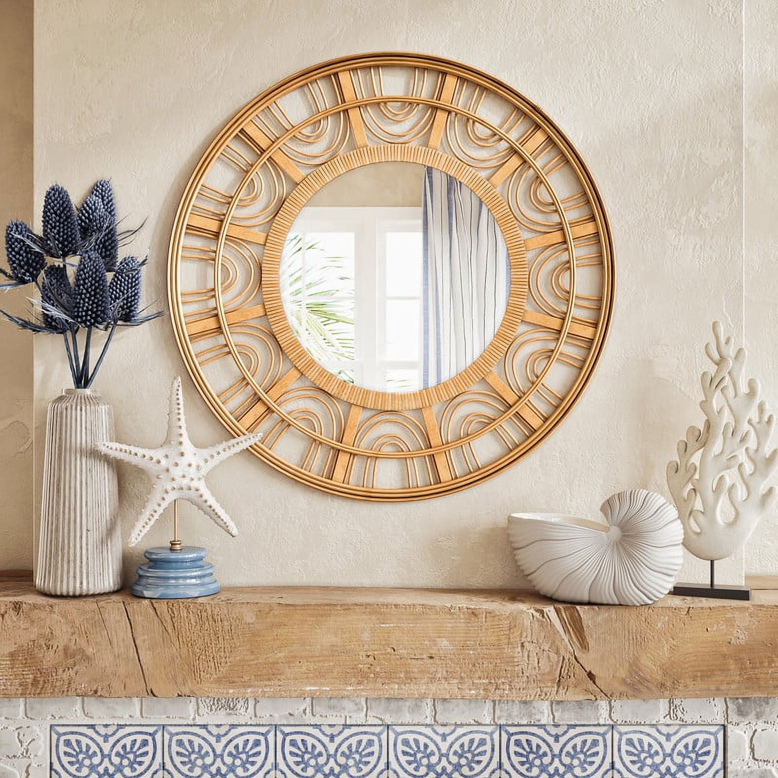 Aspire Home Accents Zen Radiance Round Rattan Boho Wall Mirror with