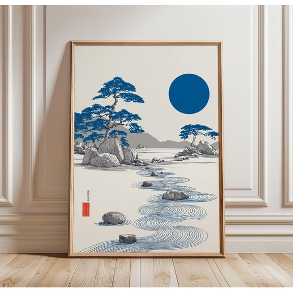 Zen Rock Garden Japanese Minimalist Landscape Blue Sun Nature Oriental Calm Modern Asian, Unframed Poster