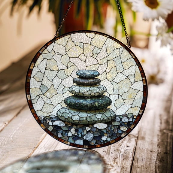 Zen Rock Stack Art Glass Suncatcher, Round Window Hanging, 6.3 in