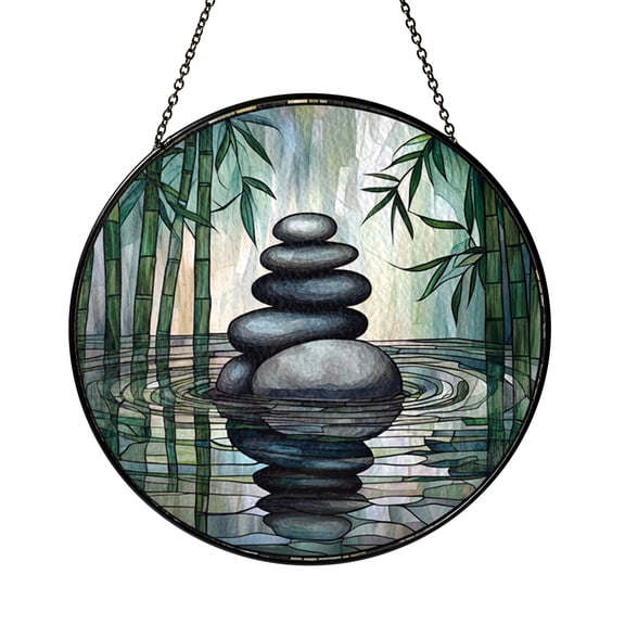 Zen Rock Stack Round Suncatcher, Stained Glass Window Hanging Gift for Meditation Lovers