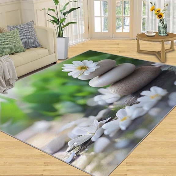 Zen Rugs for Bedroom, Zen Flowers And Stones Area Rug, Healing Space Rugs for Living Room, Indoor Non-Slip Rug, Machine Washable Carpet for Front Entrance Floor Decor 5 x 8ft