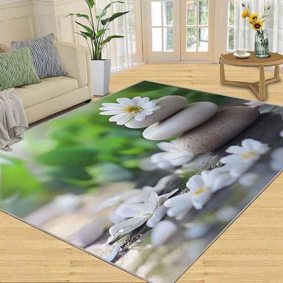 Zen Rugs for Bedroom, Zen Flowers and Stones Area Rug, Healing Space Rugs for Living Room, Indoor Non-Slip Rug, Machine Washable Carpet for Front Entrance Floor Decor 5 x 7ft