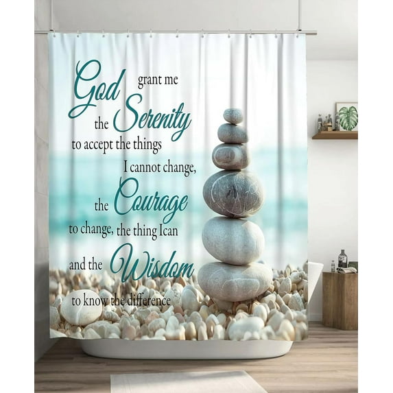 Zen SPA Beach Shower Curtain Coastal Stone Serenity Prayer Shower Curtains Christian Seaside Meditation Shower Curtain Quick-drying Polyester Fabric Bathroom Decor with Plastic Hooks 72x72 Inches