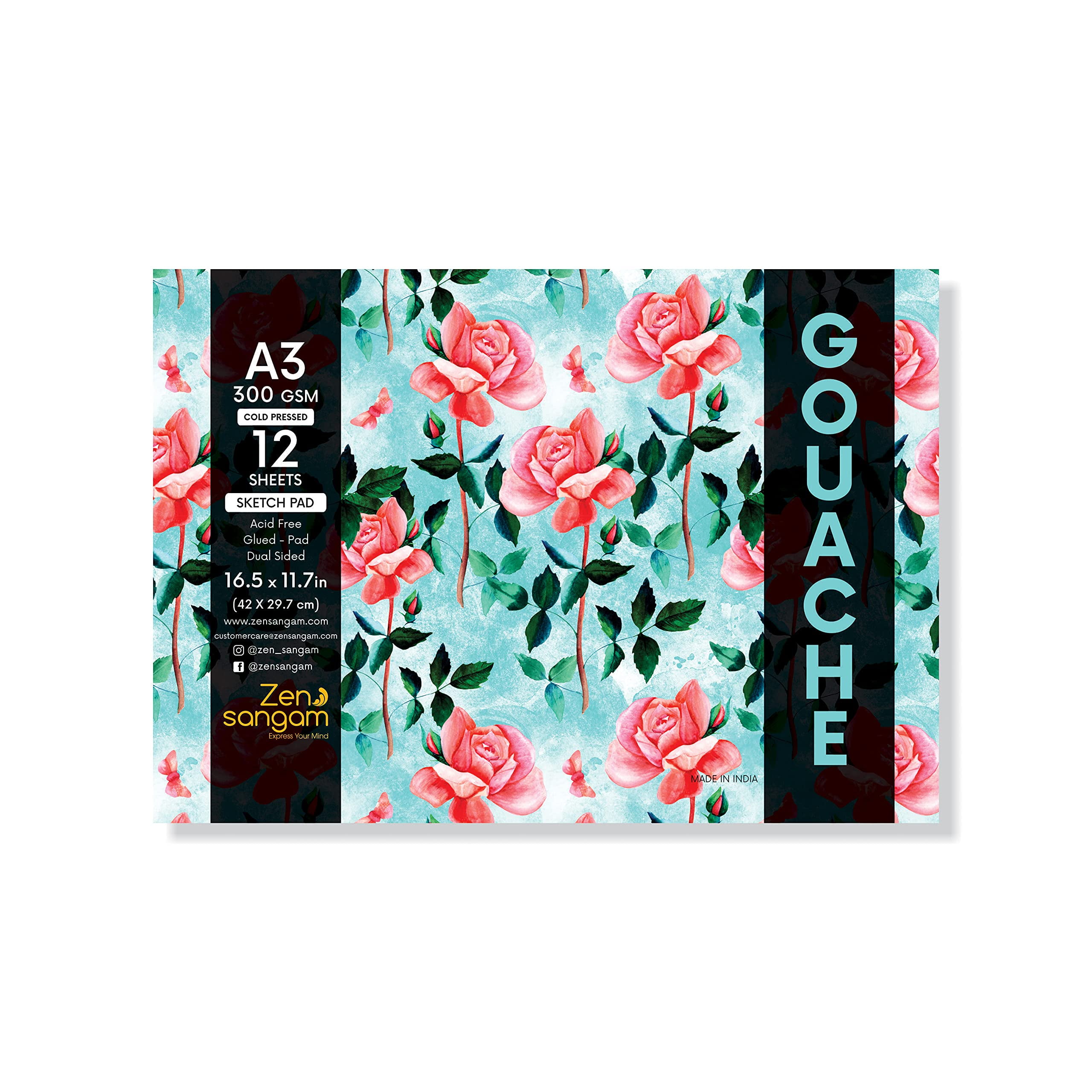 Zen Sangam A4 Gouache Paper Pad - 300 GSM Cold Pressed, 24 Sheets, Rough Grain Surface For Gouache & Acrylics