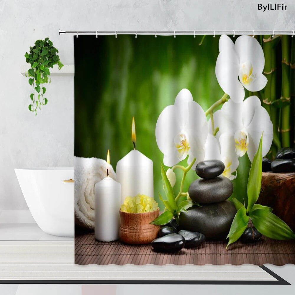 Zen Scenery Shower Curtain Black Stone Candles Orchids Green Leaves