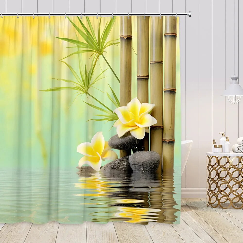 Zen Shower Curtain Bamboo Black Stone Lotus Flowing Water Candle Spa