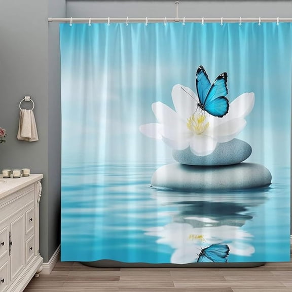 Zen Shower Curtain Blue Butterfly Flower Spa Stone Reflection In Water Relax Spring Fashion Polyester Bathroom Decor Set With Hooks 36"W x 72"L