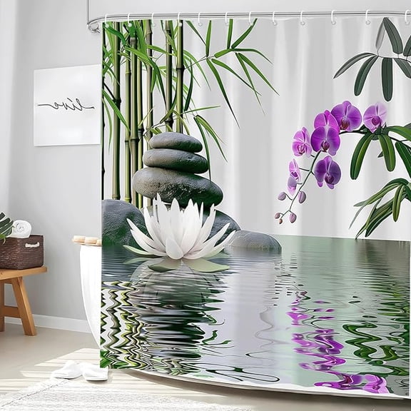 Zen Shower Curtain Green Leaf Floral Purple Flower Lotus Black Stone Garden Relax Meditate Spring Nature Theme Rustic Polyester Curtains Bathroom Decor Set With Hooks 36"W x 72"L