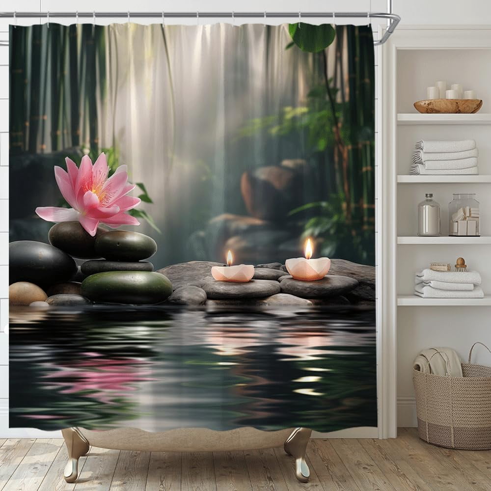 Zen Shower Curtain Spa Lotus Black Stone and Candles Bamboo Water Lily ...