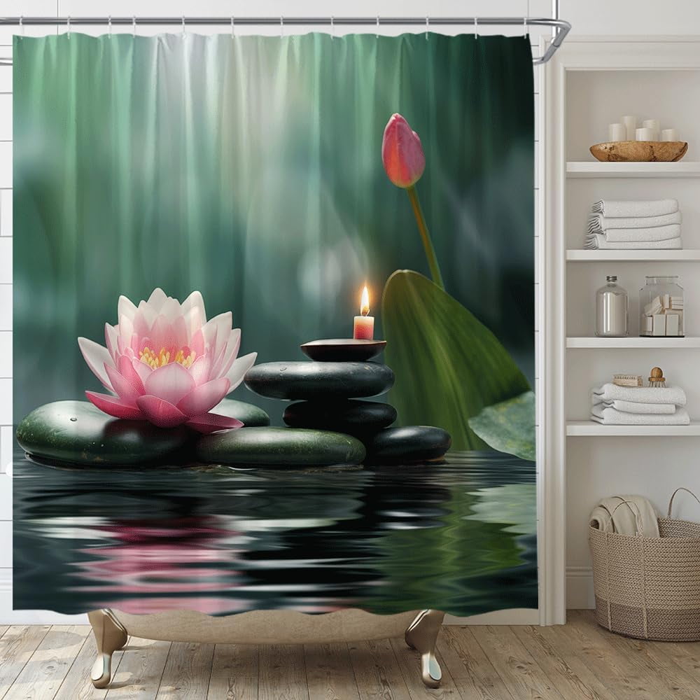 Zen Shower Curtain Spa Lotus Water Lily Black Stone and Candles