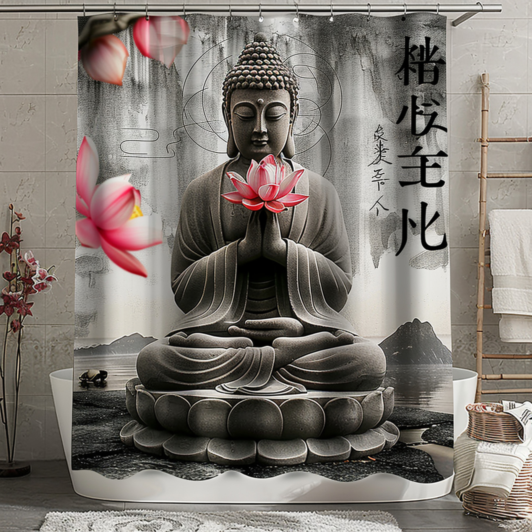 Zen Shower Curtain with Pink Flower and Japanese Calligraphy Background ...