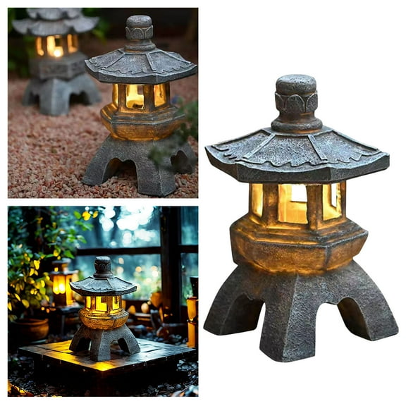 Zen Solar Pagoda Lantern - Flickering LED Japanese Garden Light for Outdoor Decor, Asian Inspired Patio & Porch Lighting - Stone Finish Polyresin Yard Art Statue