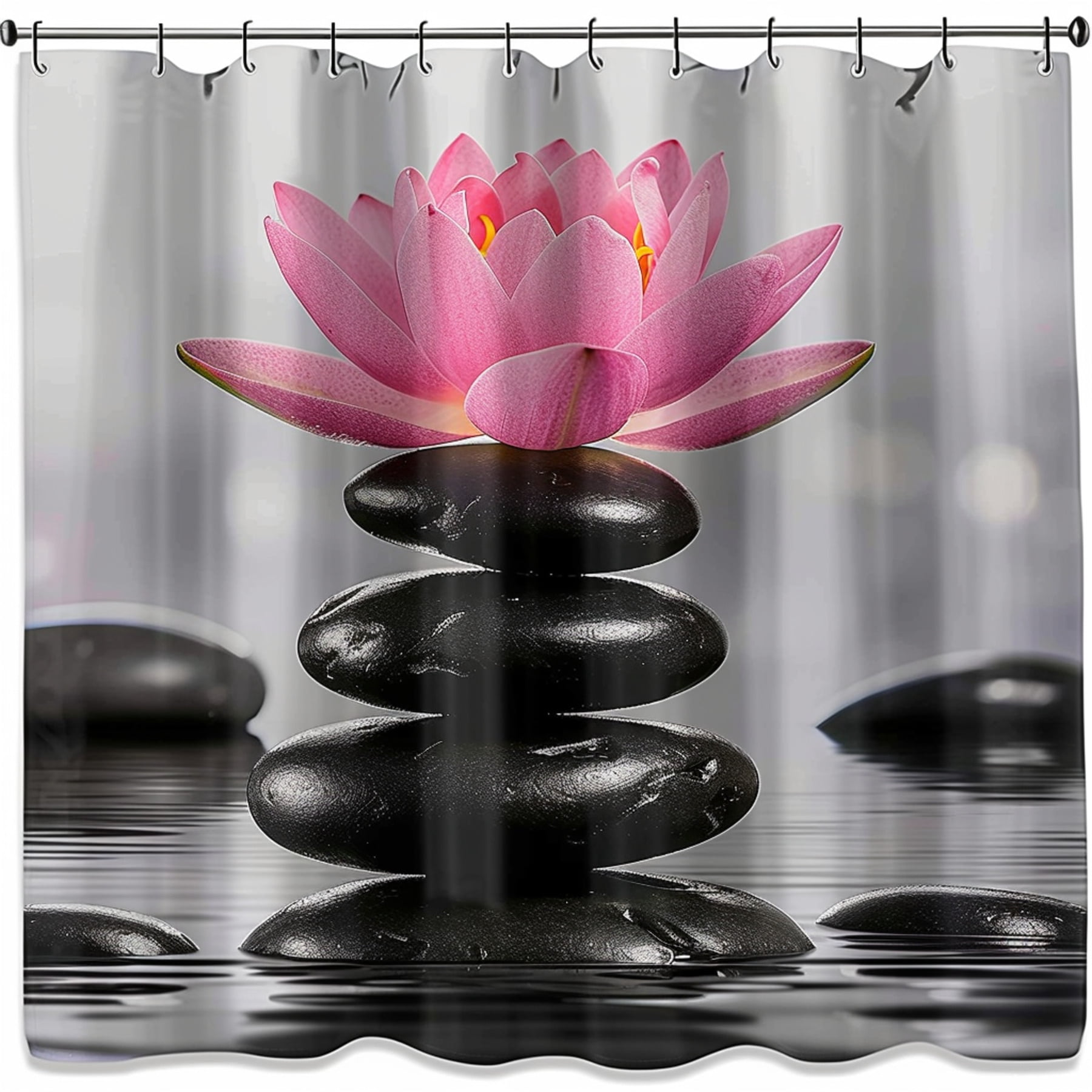 Zen Spa Black Pink Lotus Flower Shower Curtain with Stacked Black Rocks
