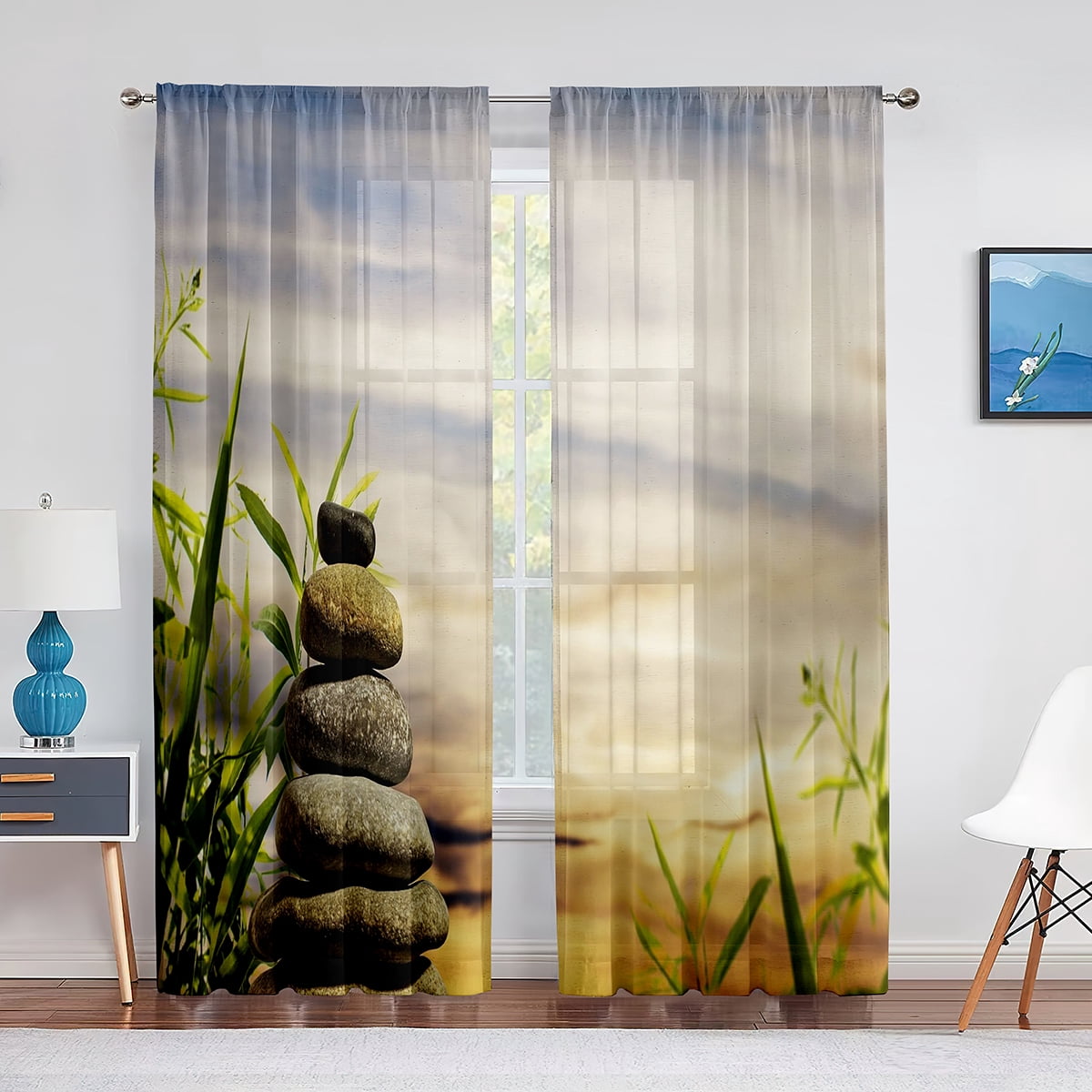 Zen Spa Green Bamboo Black St Flower Sheer Curtains for Living Room Bedroom rations Window ...
