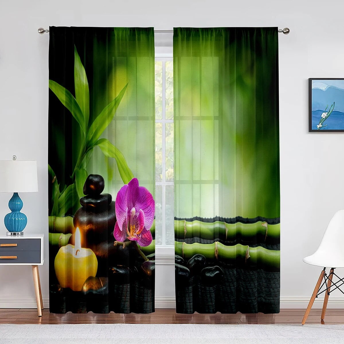 Zen Spa Green Bamboo Black Stone Flower Sheer Curtains for Living Room ...