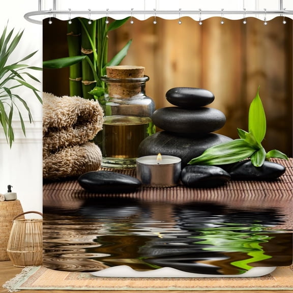 Zen Spa Shower Curtain Basalt Stones Herbal Oil Scent Candles Bamboo and Water Reflection Relaxing Meditation Home Décor Waterproof Fabric 72x72 Inch Plastic Hooks 12PCS
