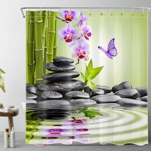 Zen Spa Shower Curtain for Bathroom Purple Butterfly Floral and Green Bamboo with Black Pebble Shower Curtain with 12 Hooks Nature Landscape Bathroom Curtains Shower Set 72x72 Inch