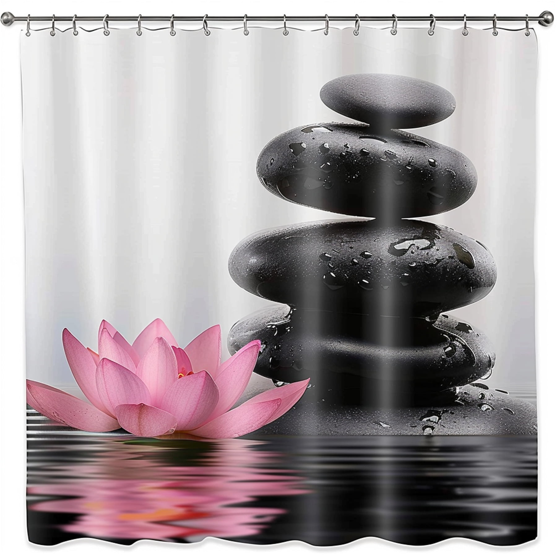 Zen Spa Shower Curtain Black Rock & Pink Lotus Design for Calm