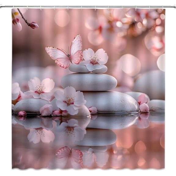 Zen Spa Shower Curtain Pink Flower Butterfly Cherry Blossom Stone Asian Japanese Water Relaxing Meditation Nature Fabric Bathroom Curtain with Hooks-36"W x 72"L (Pack of 1)