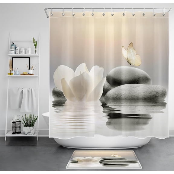 Zen Spa Shower Curtain Set Water Lily Flower and Butterfly on The Calm Water Surface Bathroom Curtains Shower Set Nature Landscape Bathroom Sets with Shower Curtain and Rugs 72x72 Inch