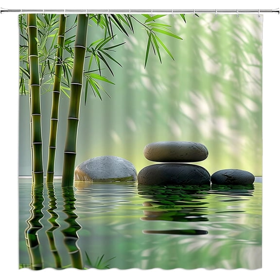 Zen Spa Shower Curtain Stone Green Bamboo Water Reflection Calming Relaxing Nature Polyester Fabric Bathroom Decor Set with Hooks-72"W x 96"L (Pack of 1)
