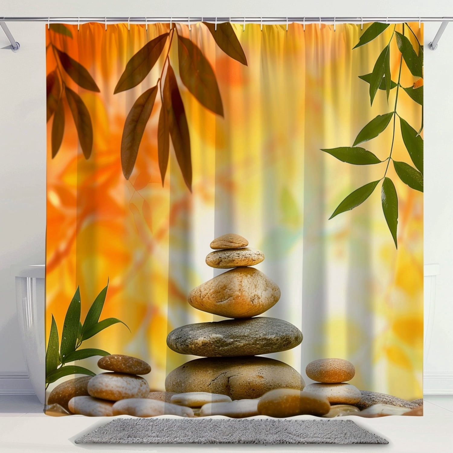Zen Spa Shower Curtain with Orange and Yellow Stones Balanced Design