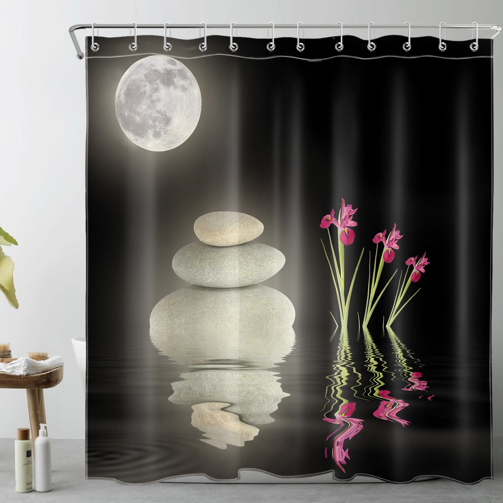 Zen Spa Theme Black Shower Curtain White Stone on Water Oriental Spa ...