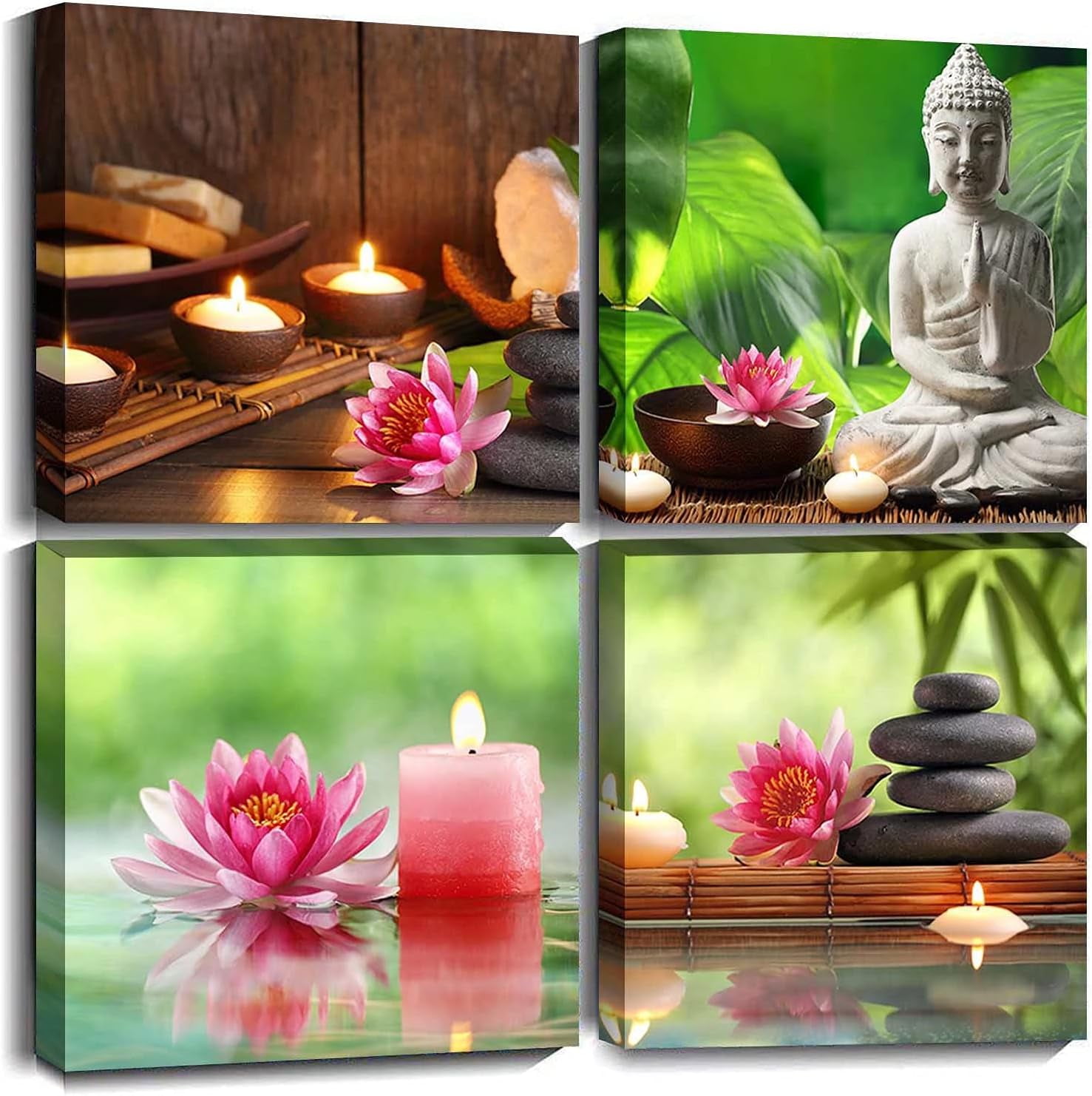 Zen Spa Wall Art Canvas Painting Stone Pink Waterlily Green Bamboo