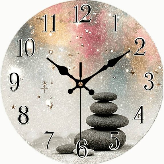 Zen Stacked Stones Galaxy Round Wall Clock, Silent Non-Ticking Starry Sky Clock, Spiritual Yoga Meditation Decor for Living Room Bedroom Bathroom Home