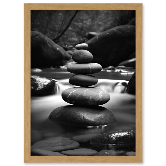 Zen Stacking Stones in River Black and White Photo Artwork Framed Wall Art Print A4