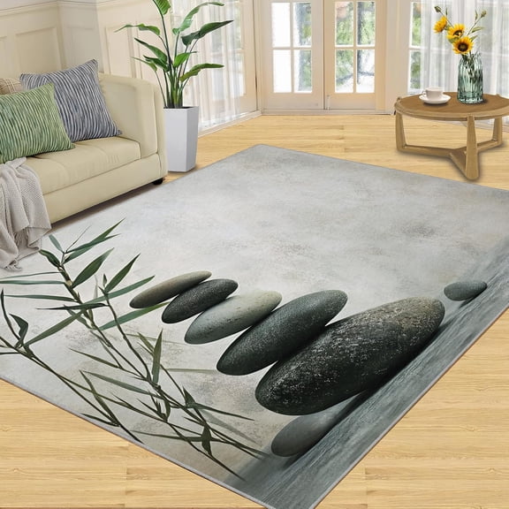 Zen Stone Area Rug, Bamboo Leaves Rugs for Living Room, Minimalist Carpet, Basalt Stones Washable Area Rugs for Bedroom, Modern Carpet, Zen Home Decor-5' x 8'