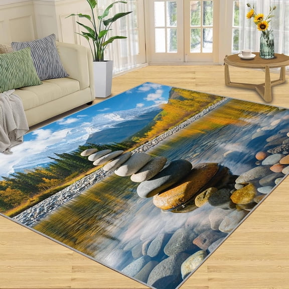 Zen Stone Area Rug, Lake Forest Nature Carpet, Washable Non-Slip Soft Low Pile Floor Mat for Living Room Bedroom 5x7ft