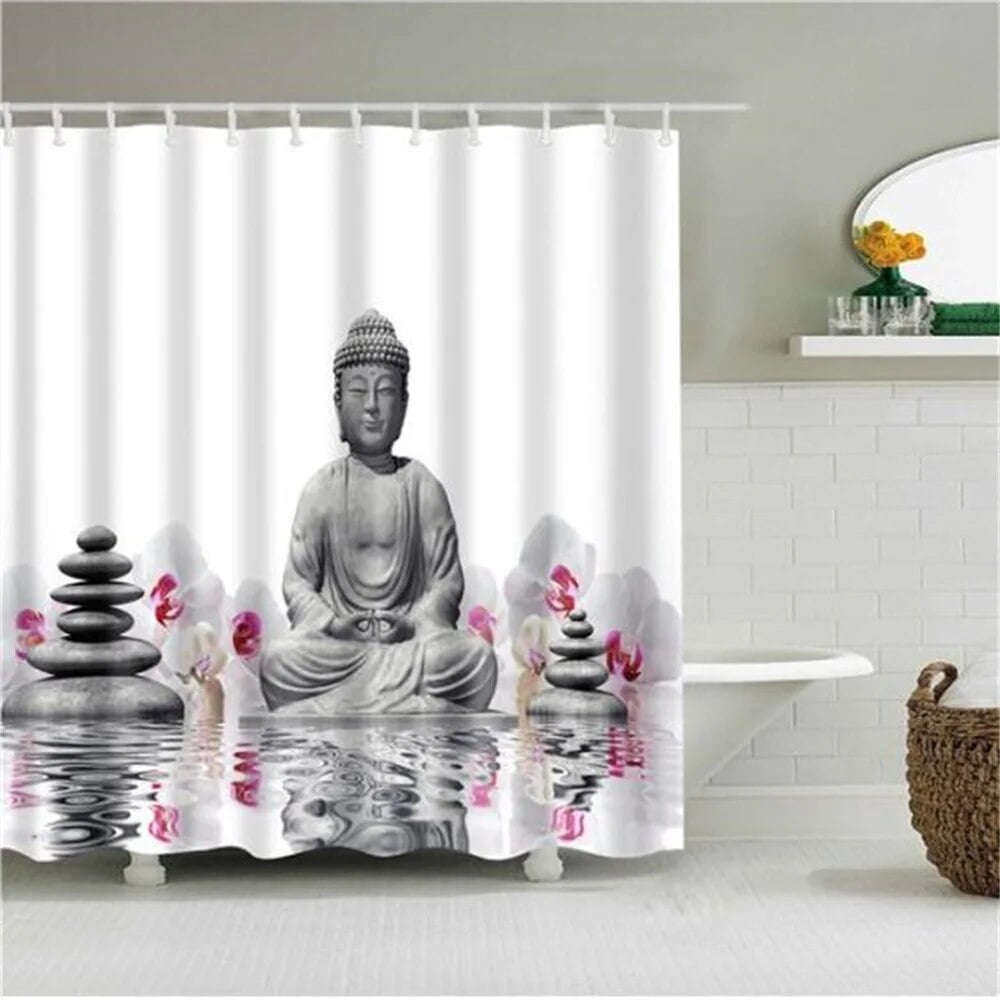 Zen Stone Buddha Shower Curtains Orchid White Lotus Flower Tropical Palm Trees Beach Bath ...